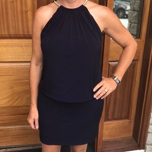 Blue dress with gold chain collar